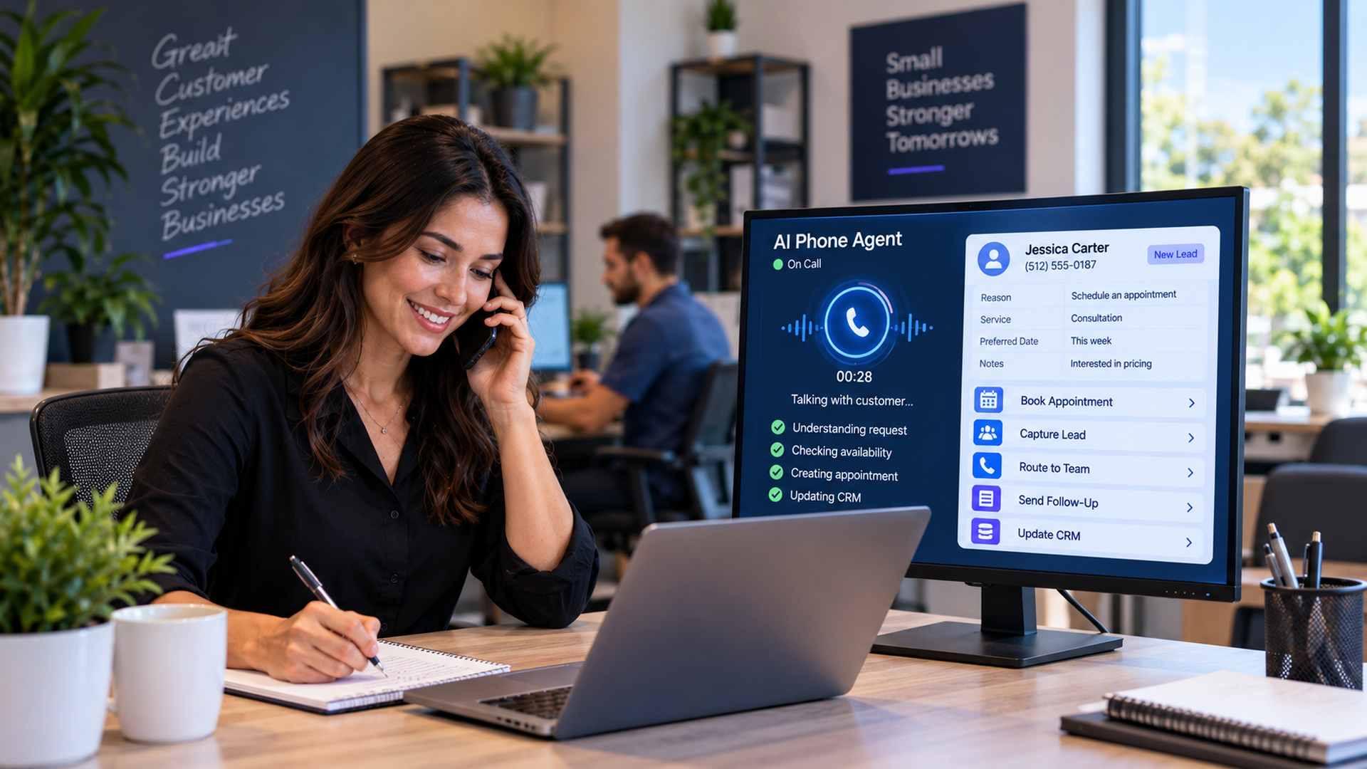 AI phone agent helping a small business schedule appointments, capture leads, route calls, and update CRM records
