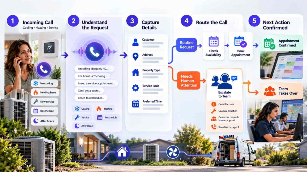 HVAC AI phone agent workflow from incoming call and request intake to scheduling, escalation, and confirmed next action