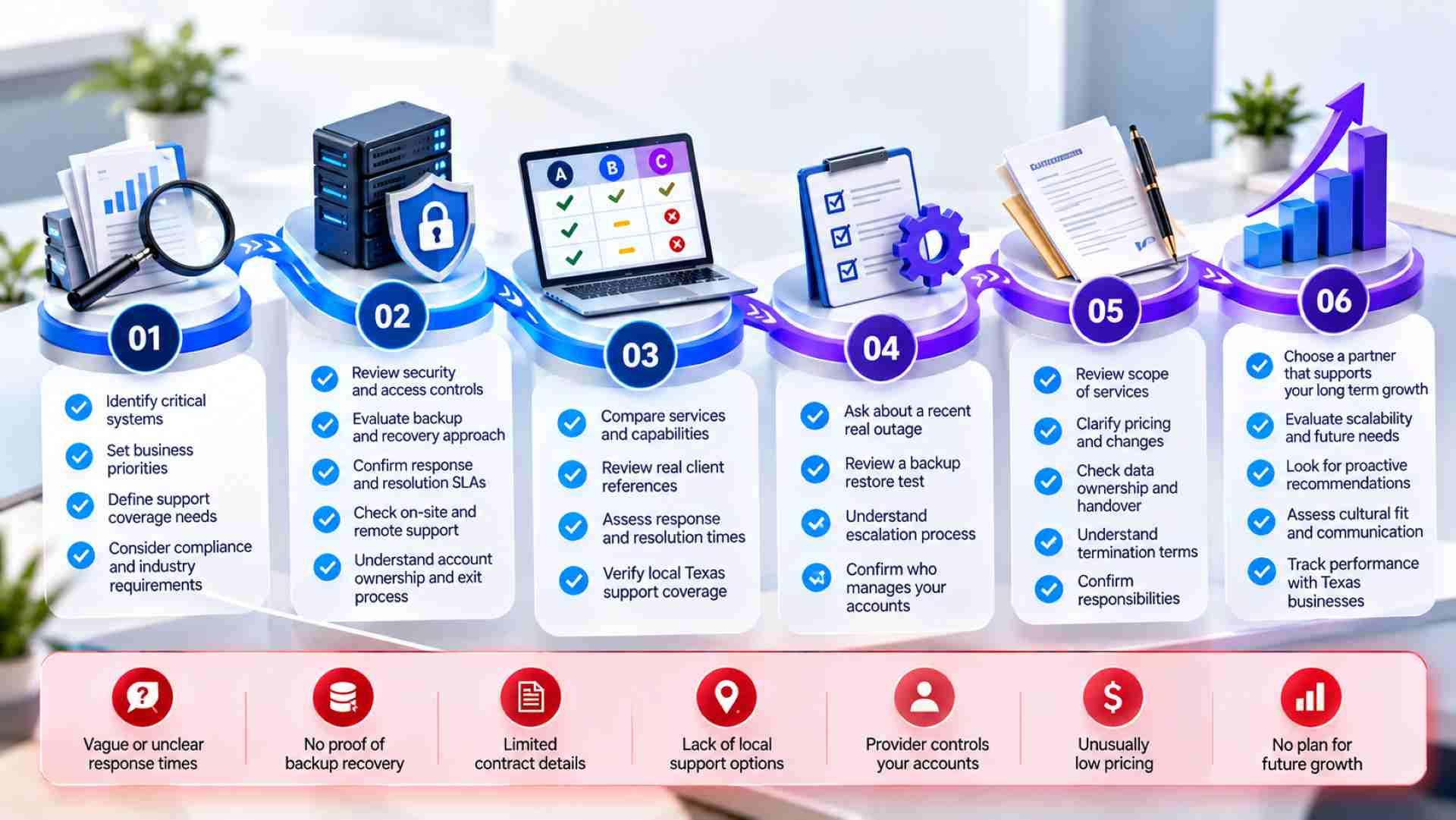 Managed IT provider selection checklist covering critical systems, security, backups, response times, service scope, contracts, and growth
