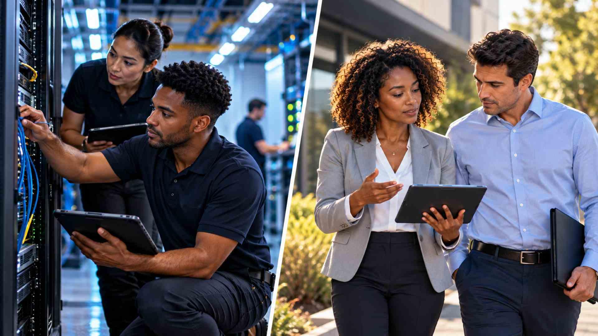 Managed IT technicians working in a server room while business leaders review support requirements