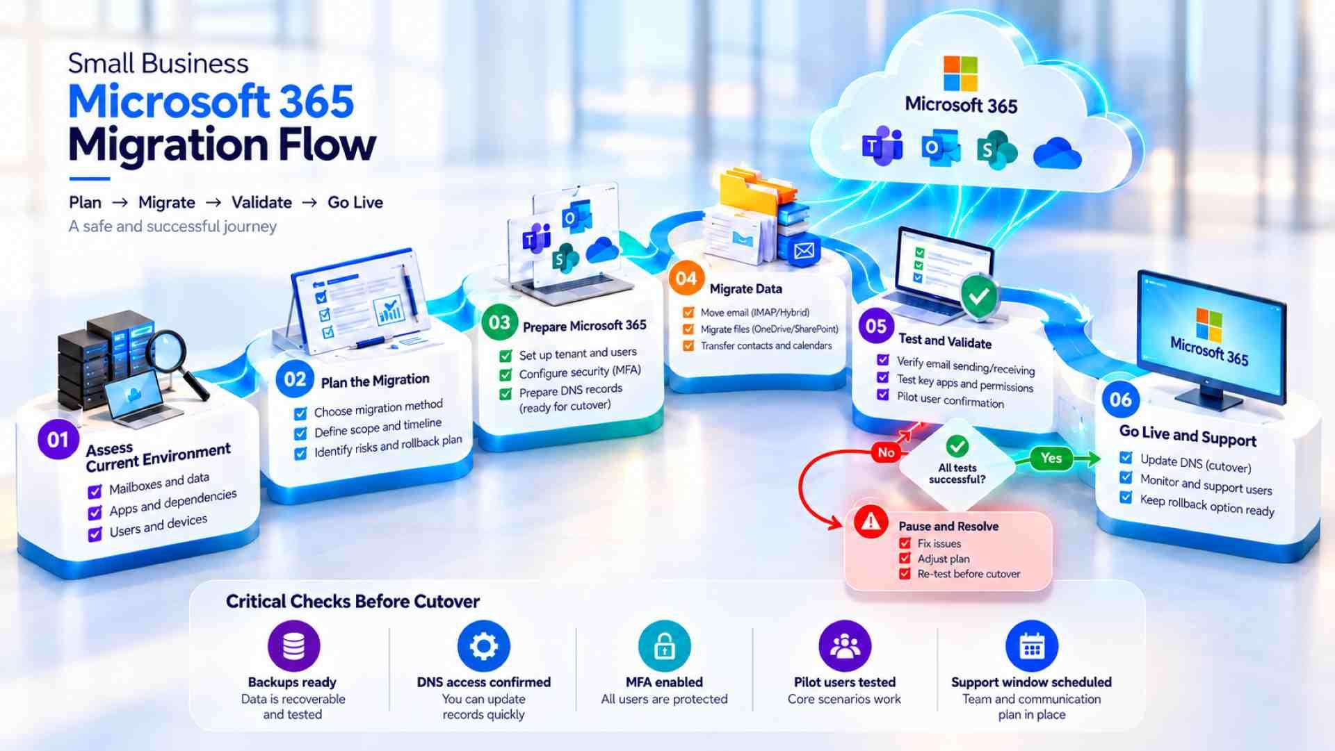 Microsoft 365 migration flow from environment assessment and planning through data migration, validation, cutover, and support