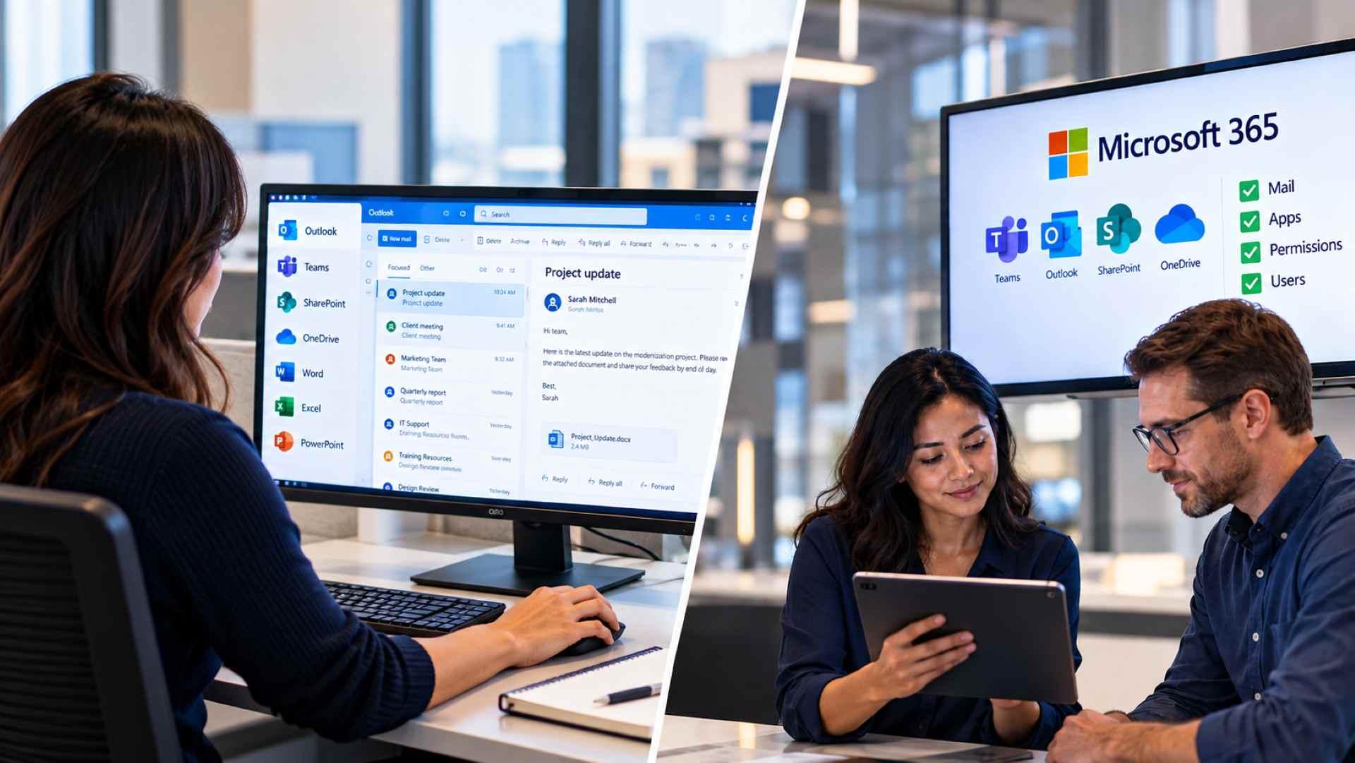 Small business employees using Microsoft 365 services including Outlook, Teams, SharePoint, and OneDrive after migration