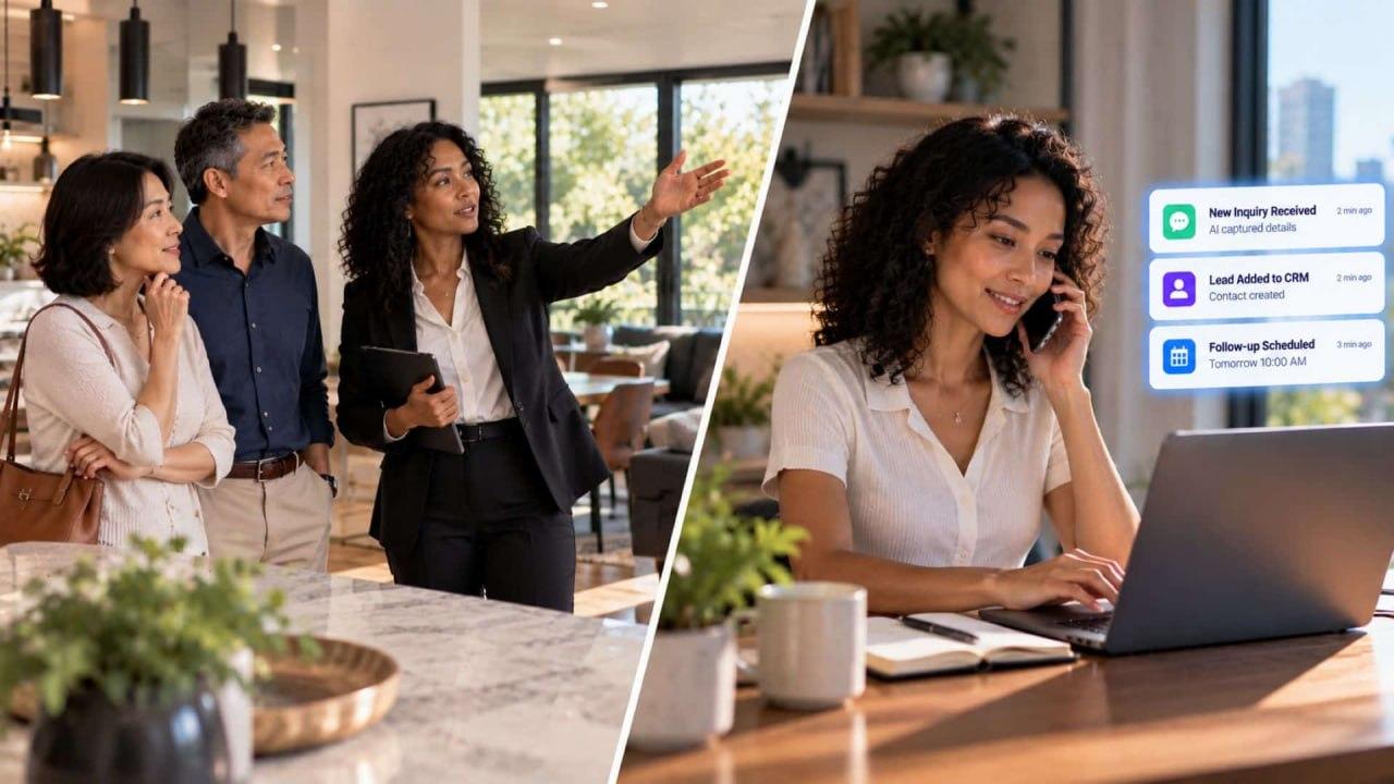 Real estate agent using CRM automation to capture an inquiry, update a lead record, and schedule follow-up