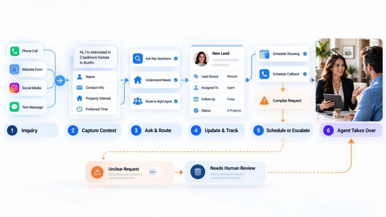 Real estate lead automation workflow from inquiry capture and qualification to CRM updates, scheduling, and human review