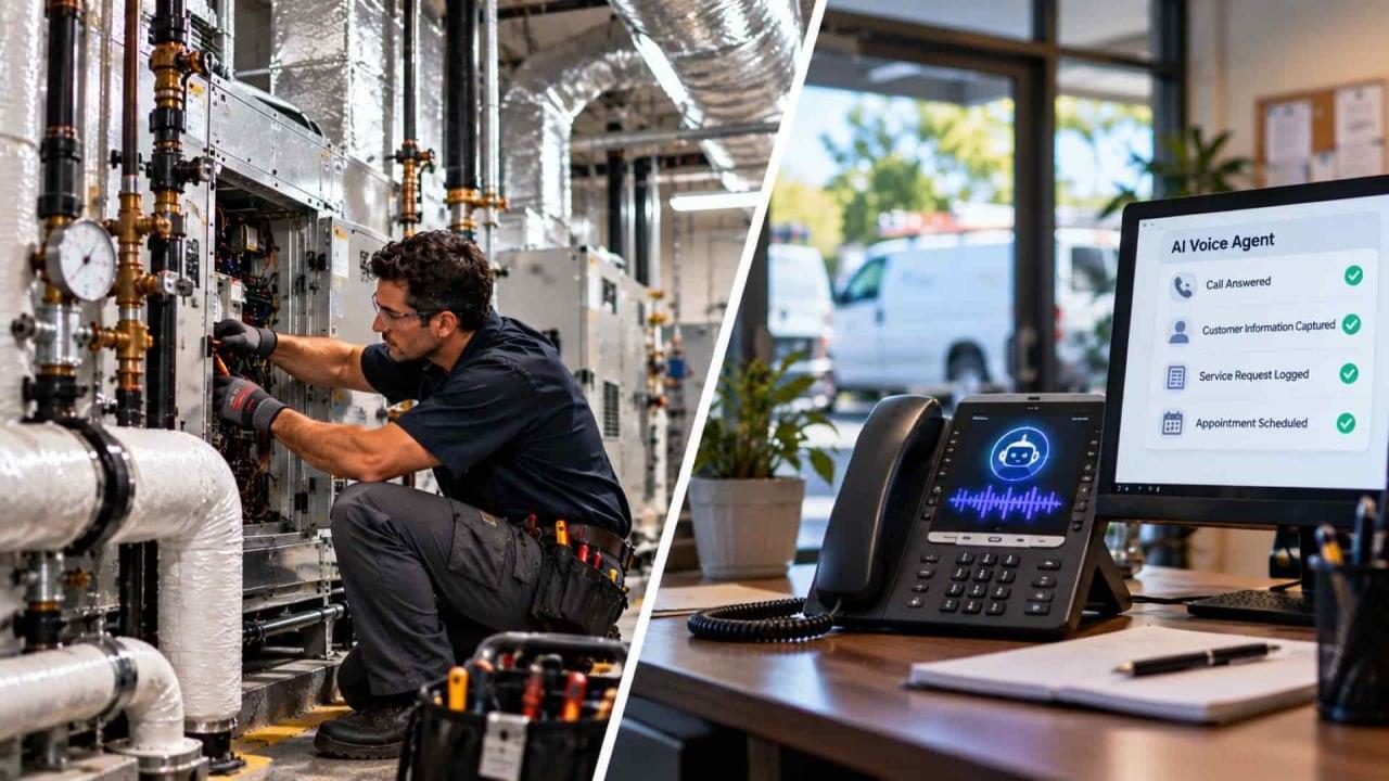 HVAC technician working on equipment while an AI phone agent captures a service request and schedules an appointment