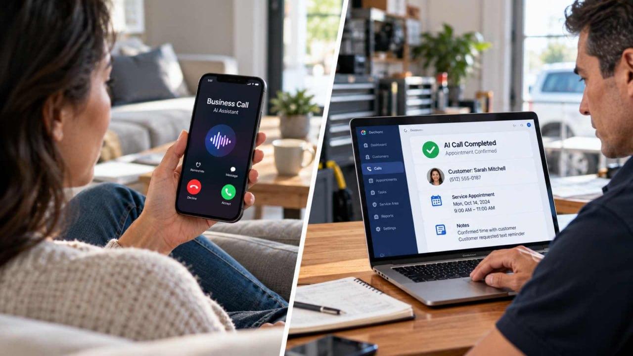 AI outbound call confirming a customer appointment and recording the completed action in a business system