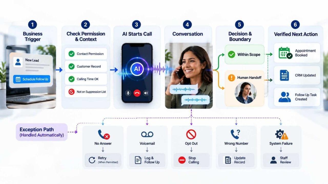 AI outbound calling workflow from business trigger and permission checks to conversation, human handoff, and verified next action