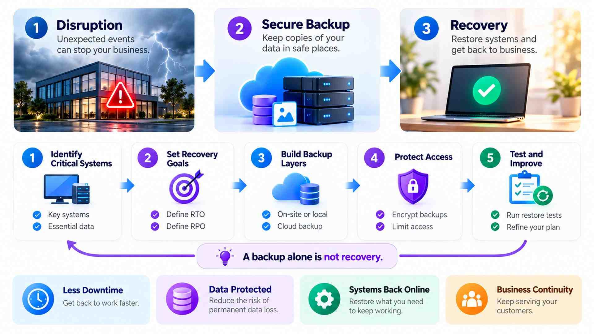 Small business disaster recovery plan covering critical systems, RTO and RPO, backup layers, access protection, and restore testing