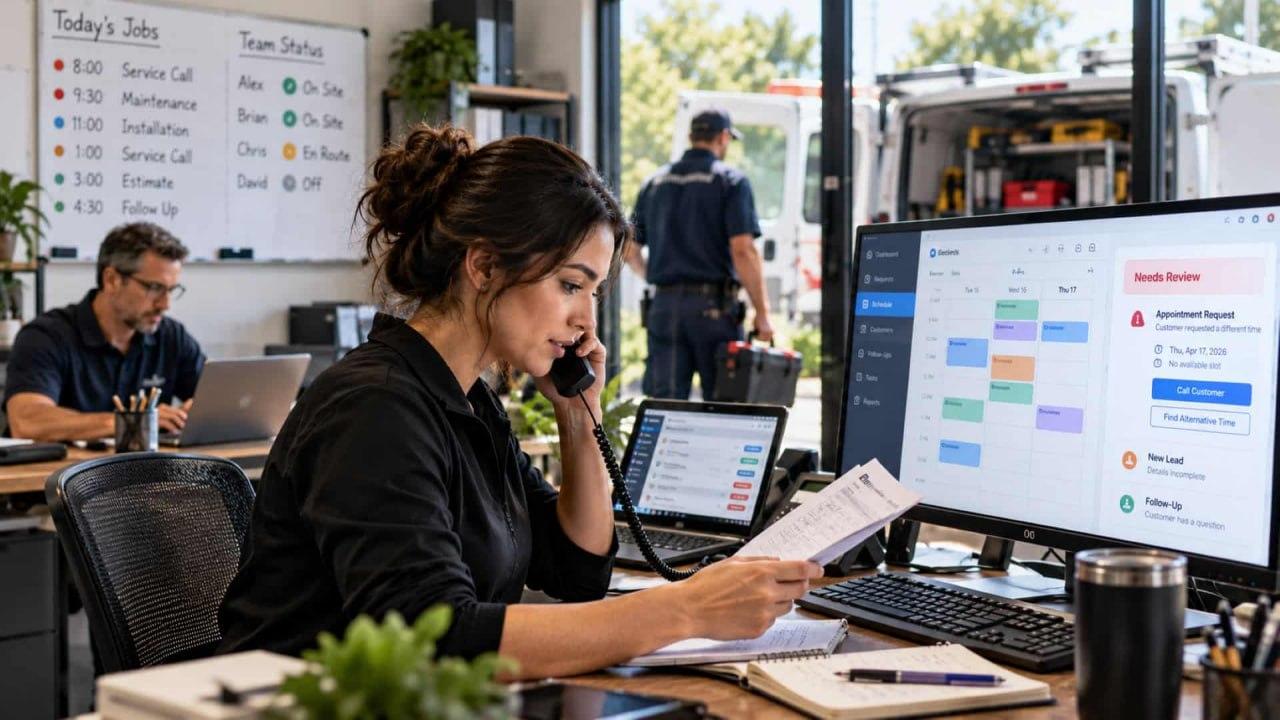 Small business team using workflow automation for scheduling, lead follow-up, and requests that need human review
